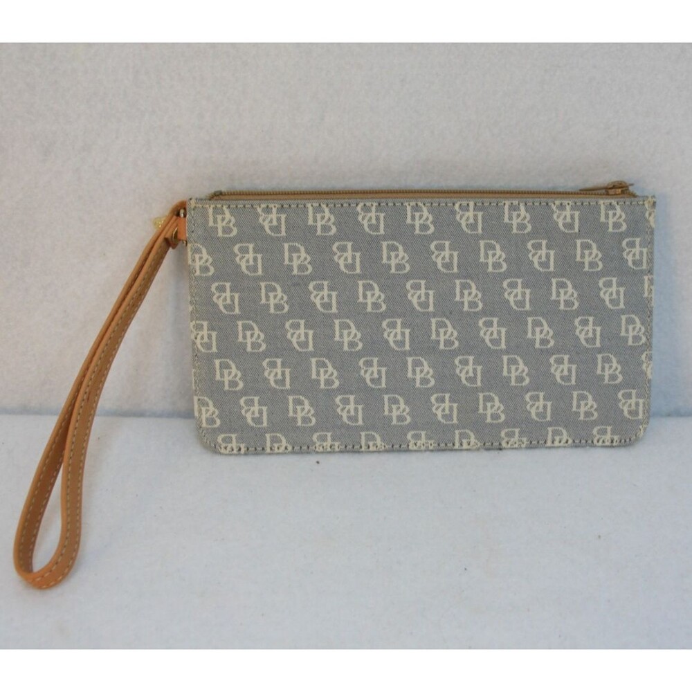 Dooney & Bourke Wristlet Blue Gray Monogram DB Logo Brown Leather Strap Zipper